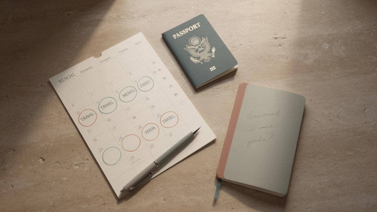 A traveller marking travel dates on a printed calendar beside a passport and booking notes