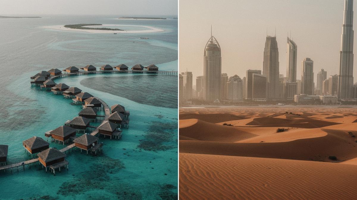 Over-water villas in the Maldives on the left, sand dunes outside a UAE city on the right