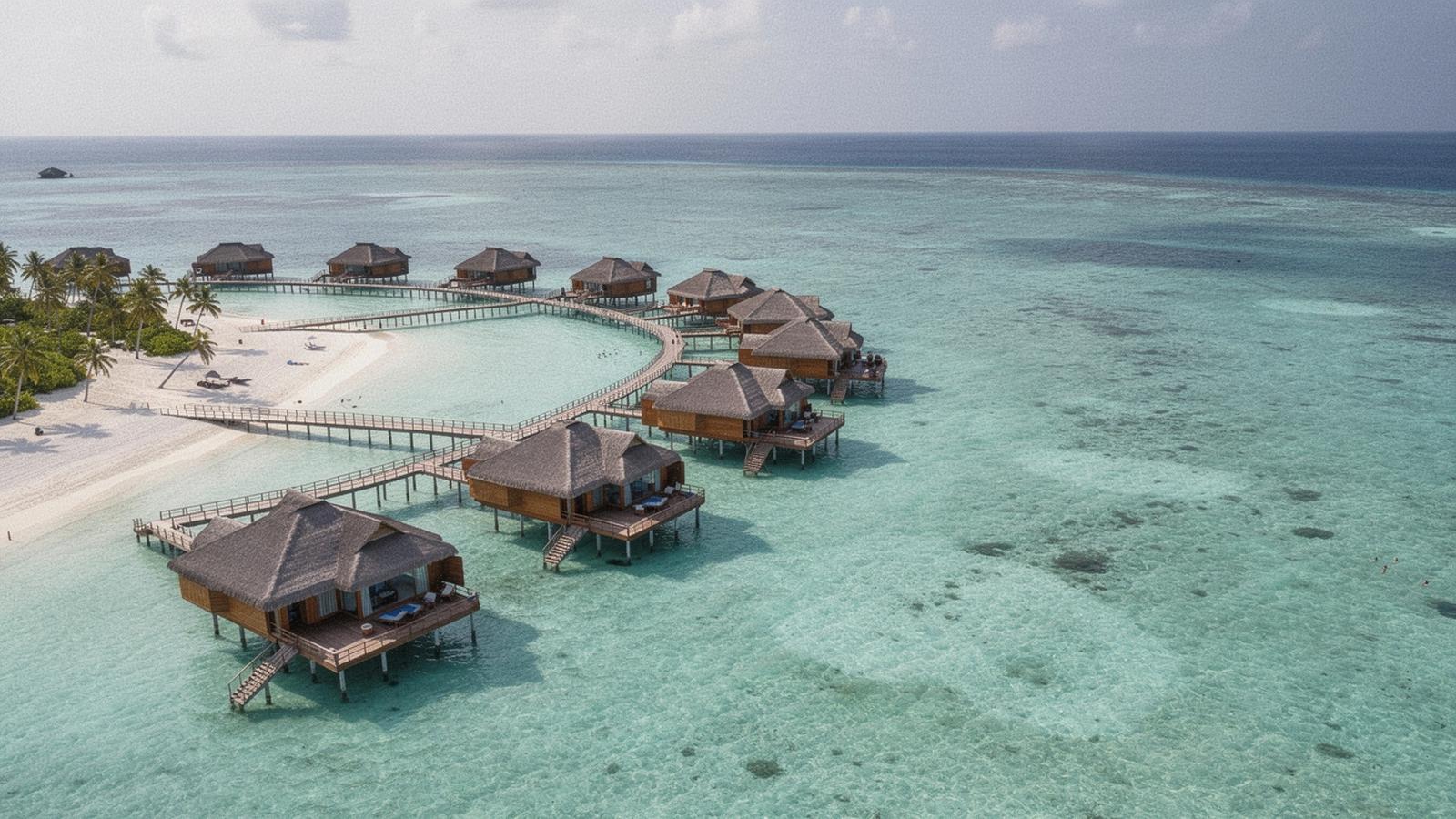 Over-water villas on stilts above a pale lagoon in the Maldives at midday