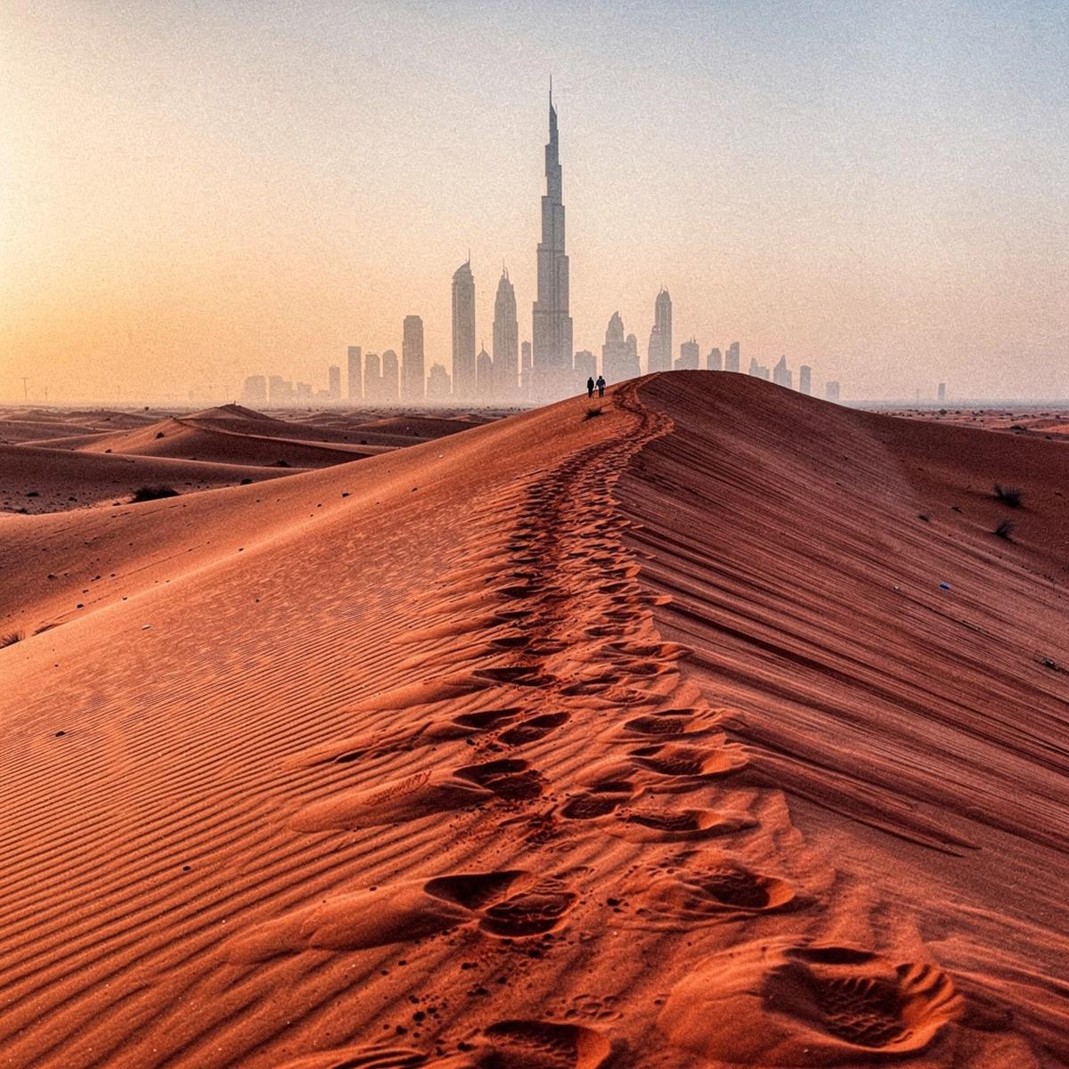 Red dune ridge crossed at golden hour with the Dubai skyline on the horizon