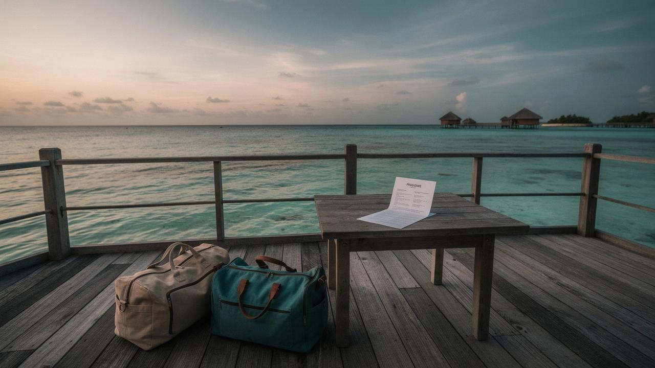 Over-water villa deck at dusk with travel bags and a printed programme on the table