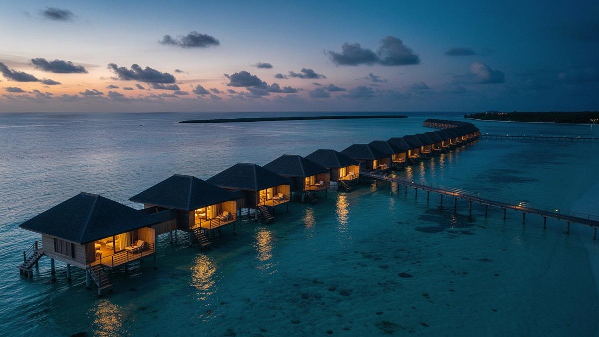 Over-water villas above a turquoise lagoon at dusk