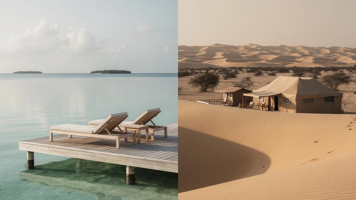 Overwater villa deck beside a calm lagoon at sunrise, with a desert dune camp under the same warm light