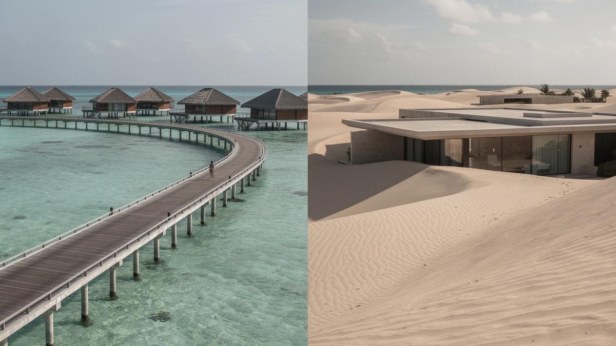 Over-water villas on a Maldivian atoll beside a UAE dune ridge