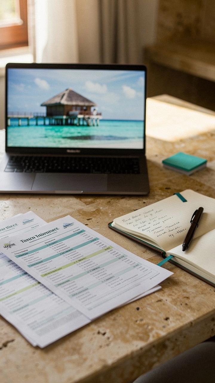 Travel coordinator comparing a Maldives villa quote with a Dubai hotel rate sheet